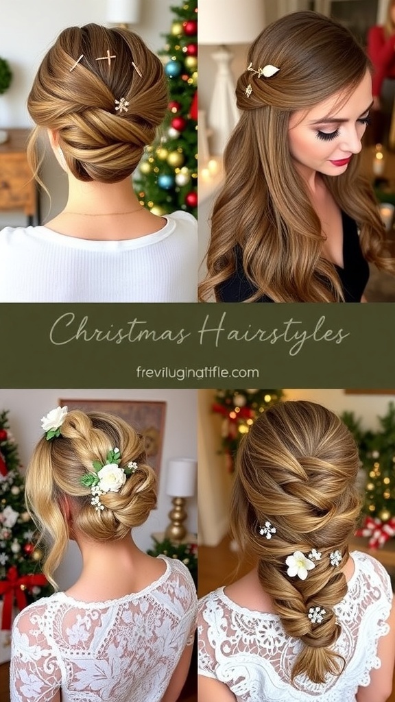 Collage of four Christmas hairstyles: French twist, loose waves, braided crown, half-up style with accessories.
